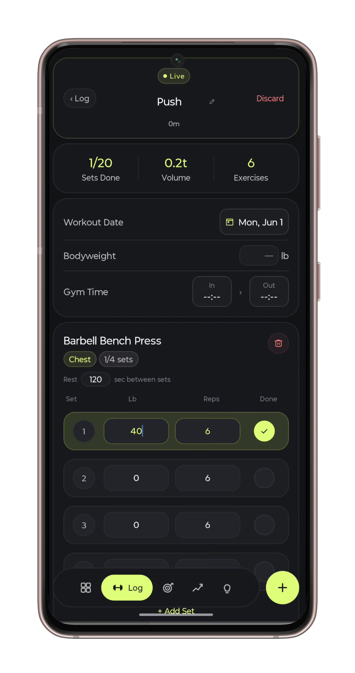 FitLuma active workout log screen