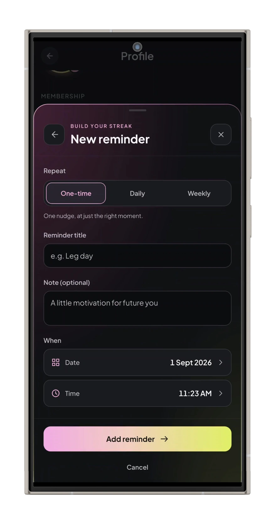 FitLuma new reminder screen