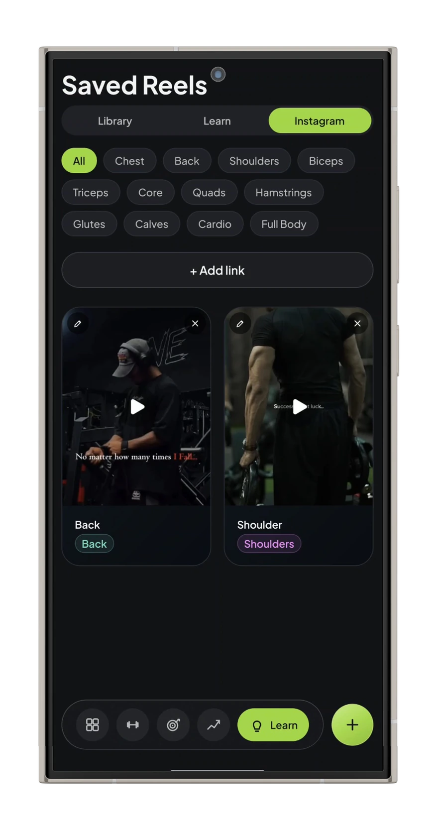 FitLuma saved reels screen