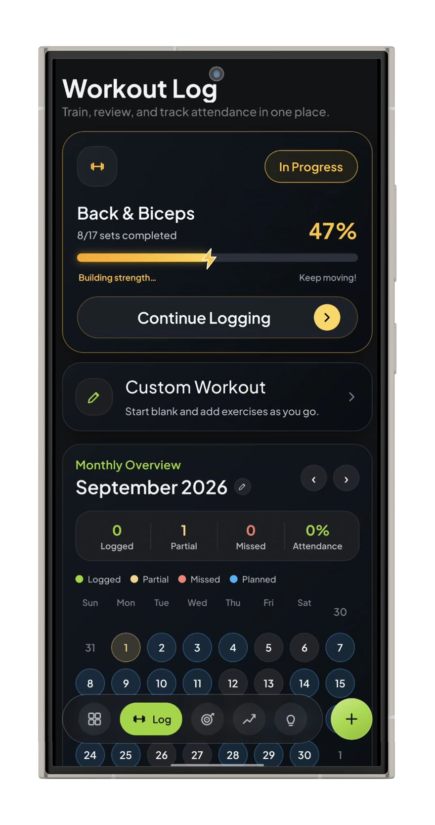 FitLuma workout log screen